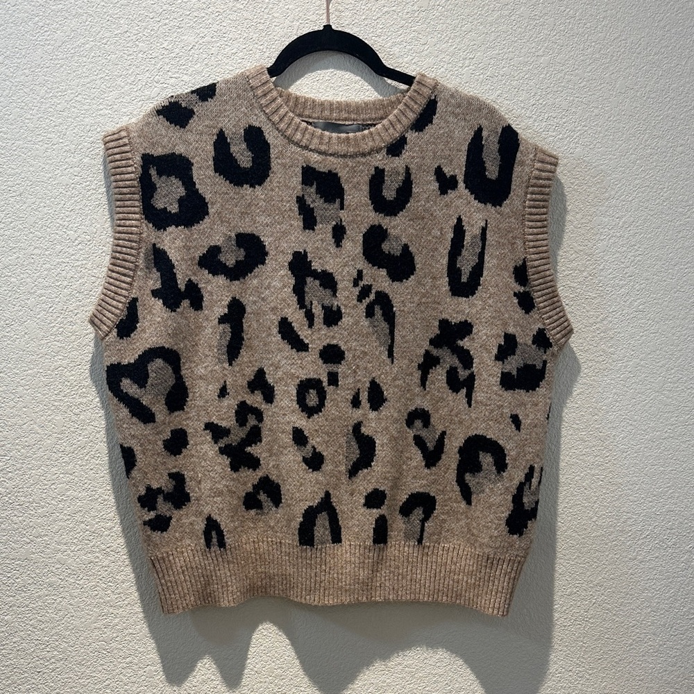 Anthropologie Leopard Print Knit Sweater Vest in Beige and Black One Size